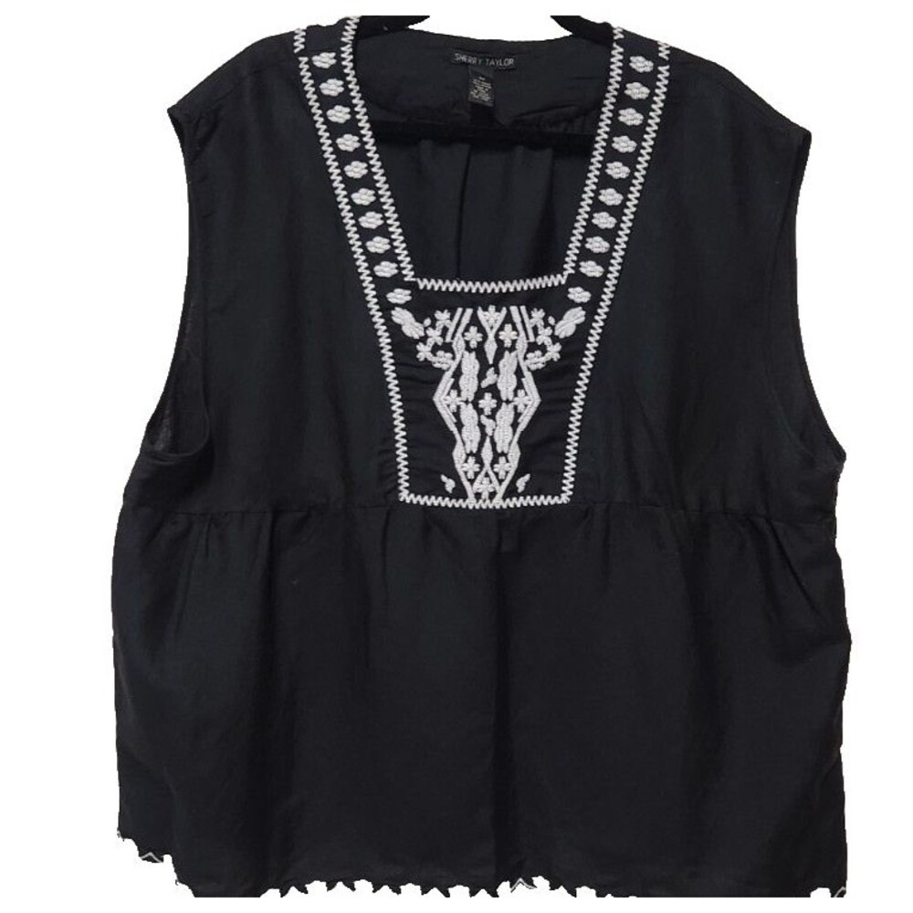 Sherry Taylor Black White Embroidered Sleeveless Tunic Tank Top Women's Size 3X